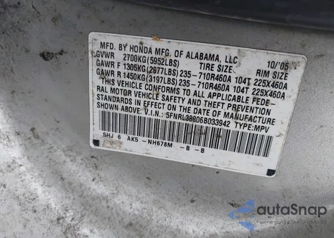 2006 Honda Odyssey Touring z USA, uszkodzony, nr VIN 5FNRL38806B033942